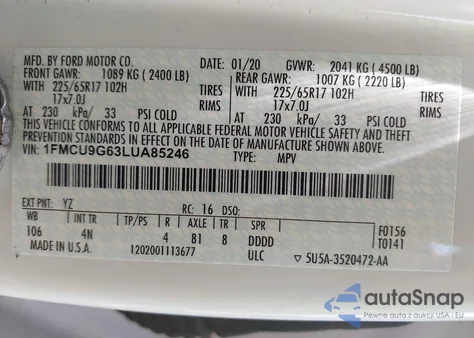 2020 Ford Escape Se from USA, damaged, VIN 1FMCU9G63LUA85246